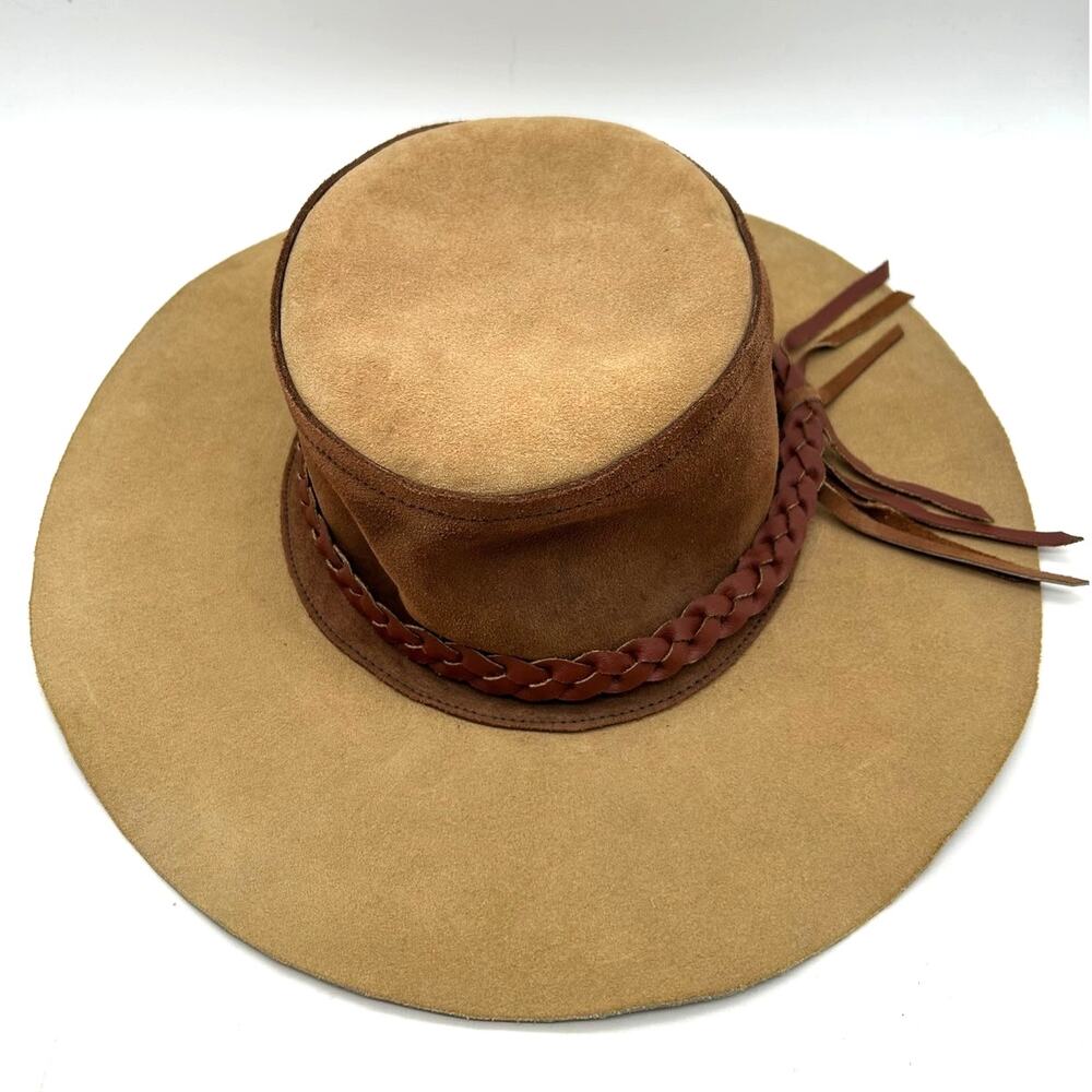 Vintage Suede Wide Brim Bolero Hat Braided Tan Leather Band Size 6 3/8 51cm - Picture 2 of 10